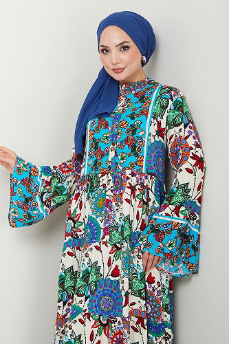 moda selvim Desenli Viskon Elbise MDP7113-M Mavi - Thumbnail