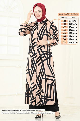 moda selvim Desenli Viskon Takım 0337BG354 Latte - Thumbnail