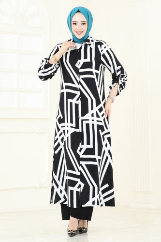 moda selvim Desenli Viskon Takım 0337BG354 Siyah - Thumbnail