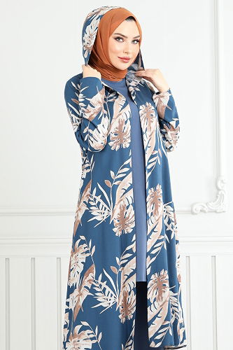 moda selvim Desenli Viskon Takım 4030BGS895-M İndigo - Thumbnail