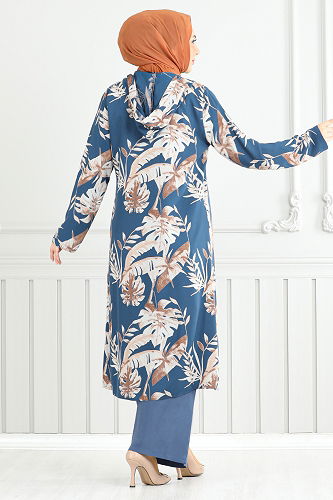 moda selvim Desenli Viskon Takım 4030BGS895-M İndigo - Thumbnail