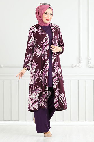 moda selvim Desenli Viskon Takım 4030BGS895-M Mürdüm - Thumbnail