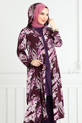 moda selvim Desenli Viskon Takım 4030BGS895-M Mürdüm - Thumbnail