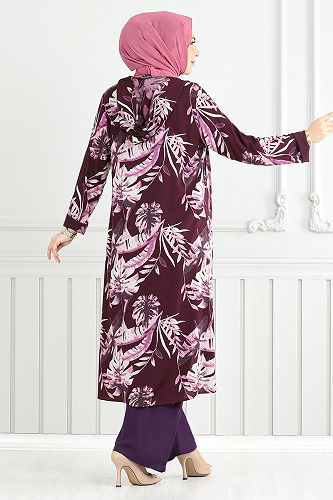 moda selvim Desenli Viskon Takım 4030BGS895-M Mürdüm - Thumbnail