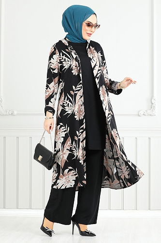 moda selvim Desenli Viskon Takım 4030BGS895-M Siyah - Thumbnail