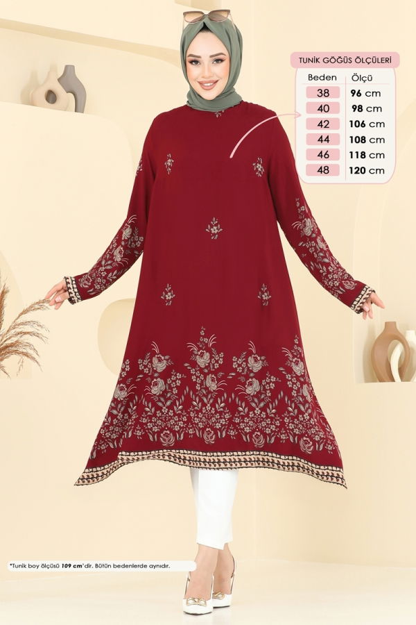 Modaselvim İndirimli Yeni Sezon Desenli Viskon Tunik 1003ZNN863 Bordo
