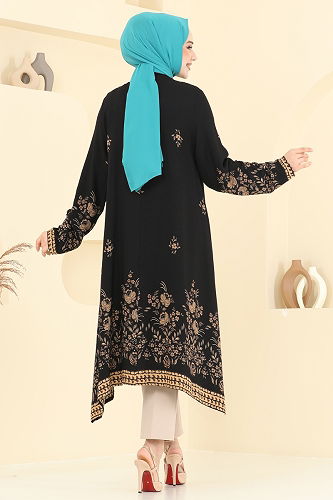 moda selvim Desenli Viskon Tunik 1003ZNN863 Siyah - Thumbnail