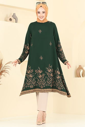 moda selvim Desenli Viskon Tunik 1003ZNN863 Zümrüt - Thumbnail