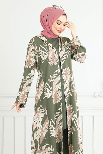 moda selvim Desenli Viskon Üçlü Takım 4030BG354 Haki - Thumbnail