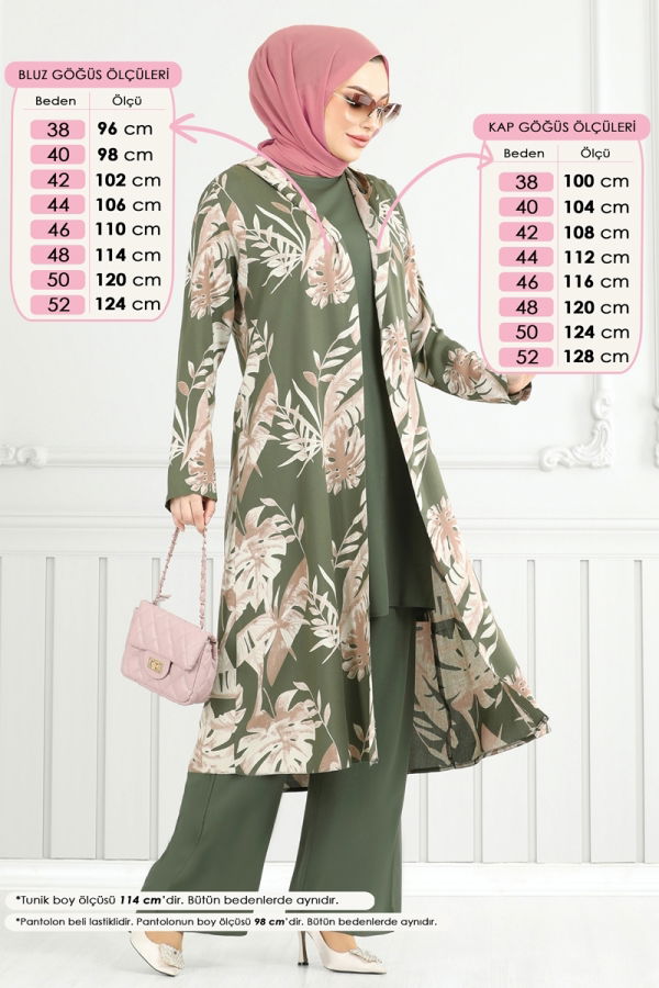 Modaselvim Kombin Desenli Viskon Üçlü Takım 4030BG354 Haki