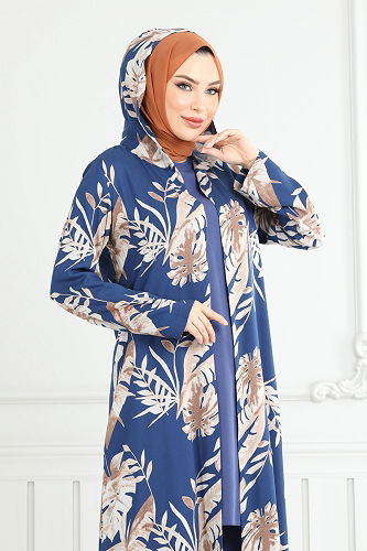 moda selvim Desenli Viskon Üçlü Takım 4030BG354 İndigo - Thumbnail