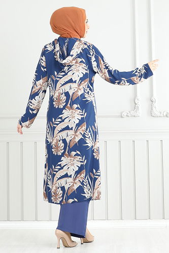 moda selvim Desenli Viskon Üçlü Takım 4030BG354 İndigo - Thumbnail