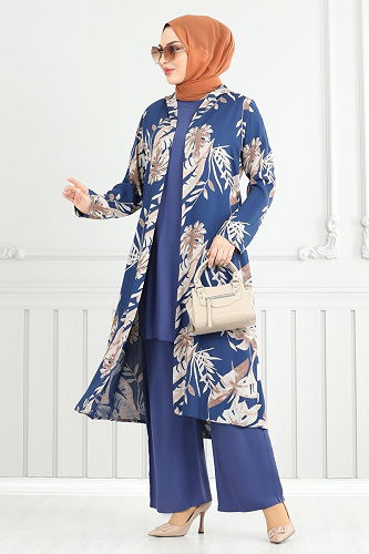 moda selvim Desenli Viskon Üçlü Takım 4030BG354 İndigo - Thumbnail