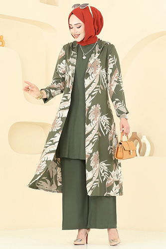 moda selvim Desenli Viskon Üçlü Takım 4030BG354 Koyu Haki - Thumbnail