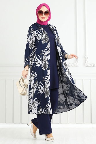 moda selvim Desenli Viskon Üçlü Takım 4030BG354 Laci - Thumbnail