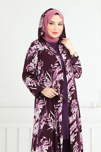 moda selvim Desenli Viskon Üçlü Takım 4030BG354 Mürdüm - Thumbnail