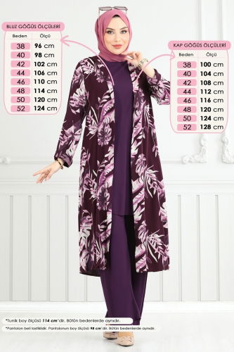 moda selvim Desenli Viskon Üçlü Takım 4030BG354 Mürdüm - Thumbnail