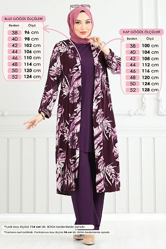 moda selvim Desenli Viskon Üçlü Takım 4030BG354 Mürdüm - Thumbnail