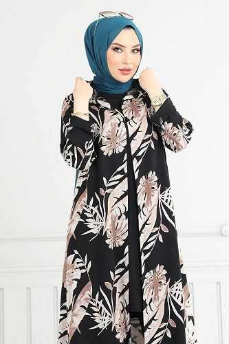 moda selvim Desenli Viskon Üçlü Takım 4030BG354 Siyah - Thumbnail