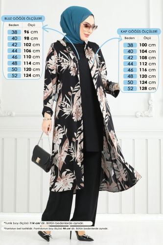 moda selvim Desenli Viskon Üçlü Takım 4030BG354 Siyah - Thumbnail