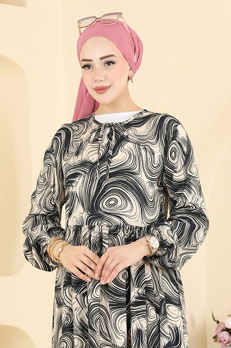 moda selvim Desenli Viskon Uzun Elbise 036MR1078 Desen2 Laci - Thumbnail