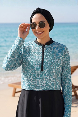 moda selvim Desenli Yarım Fermuarlı Mayo 886ART1138 Mavi - Thumbnail