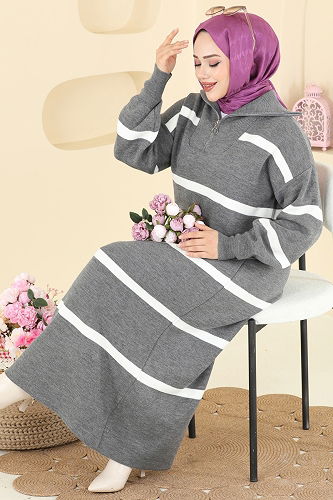 moda selvim Dik Yaka Çizgili Elbise 1298TPK1167 Antrasit - Thumbnail