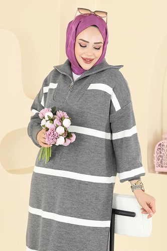 moda selvim Dik Yaka Çizgili Elbise 1298TPK1167 Antrasit - Thumbnail