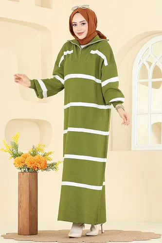 moda selvim Dik Yaka Çizgili Elbise 1298TPK1167 Asit - Thumbnail