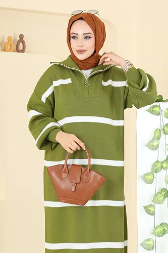 moda selvim Dik Yaka Çizgili Elbise 1298TPK1167 Asit - Thumbnail