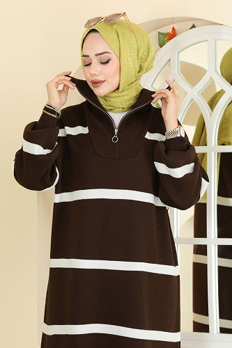 moda selvim Dik Yaka Çizgili Elbise 1298TPK1167 Kahve - Thumbnail