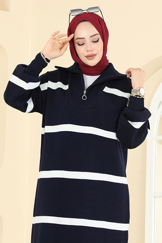 moda selvim Dik Yaka Çizgili Elbise 1298TPK1167 Laci - Thumbnail