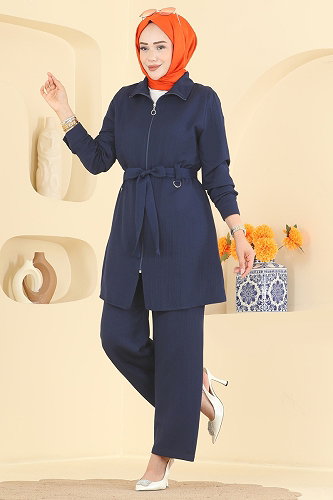 moda selvim Dik Yaka Kemerli 2 li Takım 9252PLK541 Laci - Thumbnail