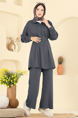 moda selvim Dik Yaka Modal Takım 2722AYD574 Antrasit - Thumbnail
