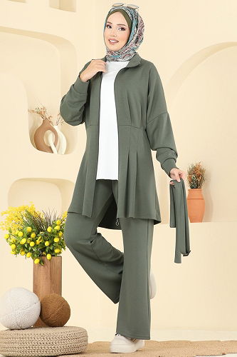 moda selvim Dik Yaka Modal Takım 2722AYD574 Haki - Thumbnail