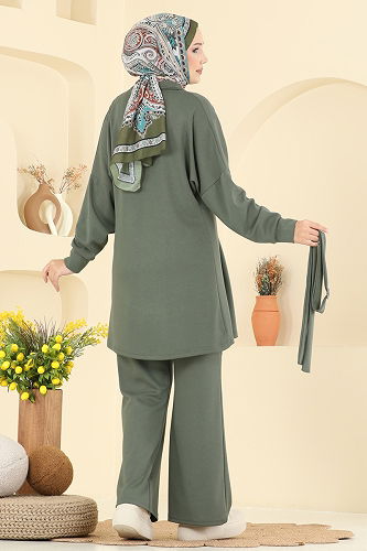 moda selvim Dik Yaka Modal Takım 2722AYD574 Haki - Thumbnail