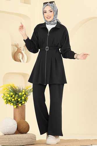 moda selvim Dik Yaka Modal Takım 2722AYD574 Siyah - Thumbnail