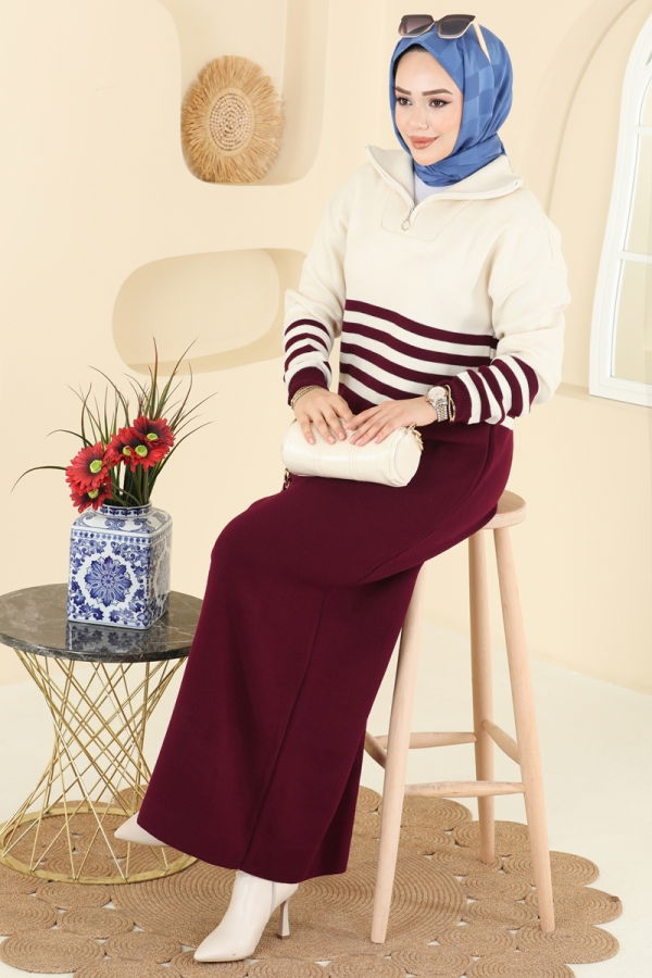 Modaselvim Elbise Dik Yaka Triko Elbise 9051OZN1046 Bordo