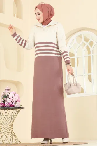 O.Z.N. - Dik Yaka Triko Elbise 9051OZN1046 Gül Kurusu