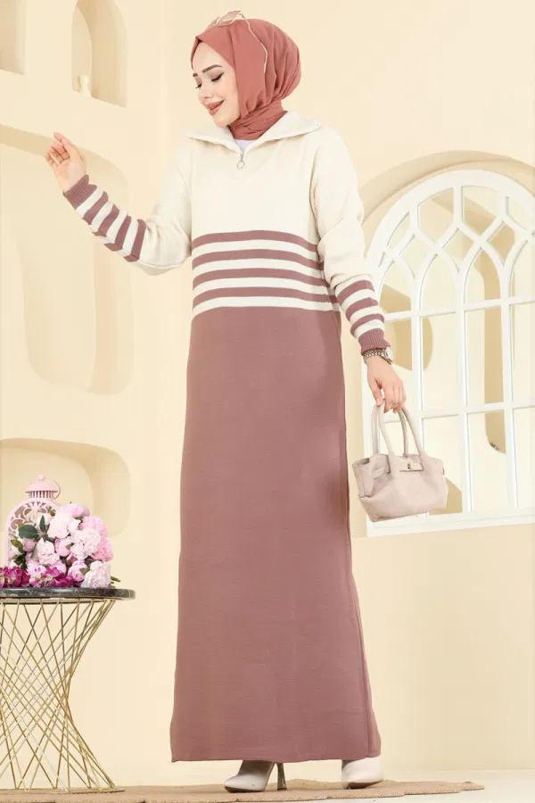 Modaselvim Elbise Dik Yaka Triko Elbise 9051OZN1046 Gül Kurusu