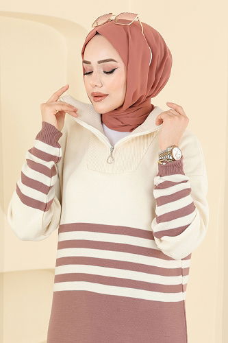 moda selvim Dik Yaka Triko Elbise 9051OZN1046 Gül Kurusu - Thumbnail