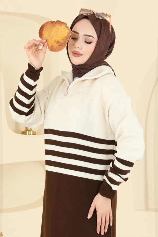 Modaselvim Elbise Dik Yaka Triko Elbise 9051OZN1046 Kahve