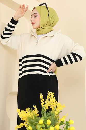 moda selvim Dik Yaka Triko Elbise 9051OZN1046 Siyah - Thumbnail