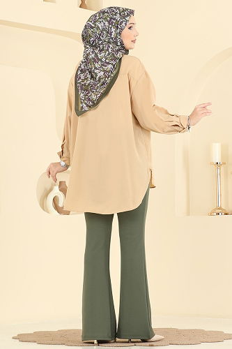 moda selvim Dikiş Detaylı İspanyol Paça Pantolon 5730AYD574 Haki - Thumbnail