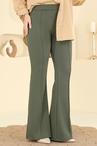moda selvim Dikiş Detaylı İspanyol Paça Pantolon 5730AYD574 Haki - Thumbnail