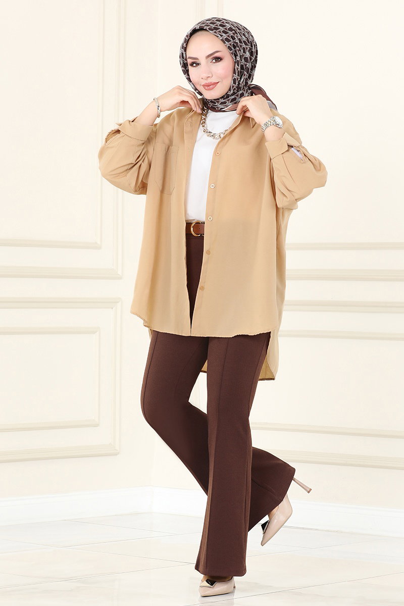 Dikiş Detaylı İspanyol Paça Pantolon 5730AYD574 Kahve