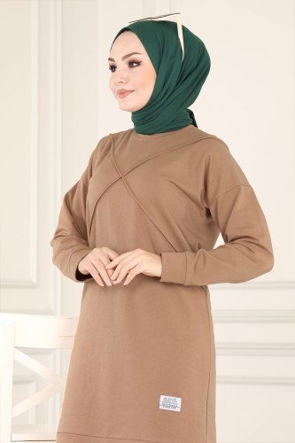 moda selvim Dikiş Detaylı Spor Takım 8878AYD574 Latte - Thumbnail