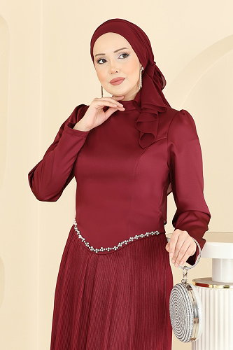 moda selvim Dökümlü Piliseli Şık Abiye 6281BSK463 Bordo - Thumbnail