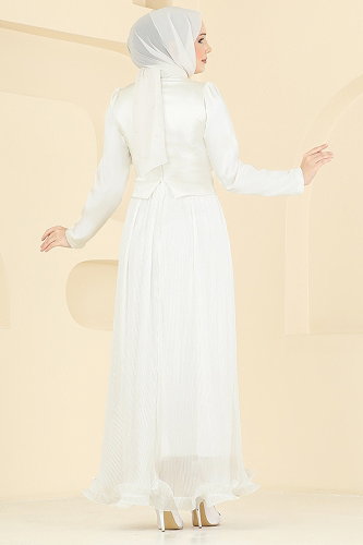 moda selvim Dökümlü Piliseli Şık Abiye 6281BSK463 Ekru - Thumbnail