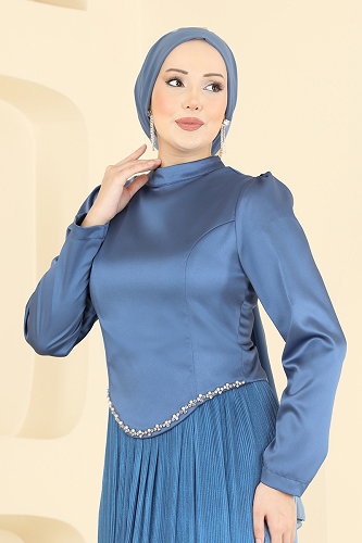 moda selvim Dökümlü Piliseli Şık Abiye 6281BSK463 İndigo - Thumbnail